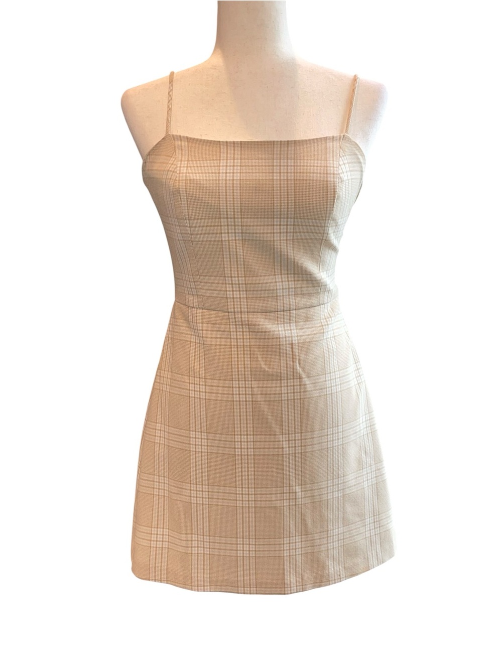 Aritzia Wilfred Isabelle Beige Tan Plaid Check Strappy Mini Dress w pockets 2